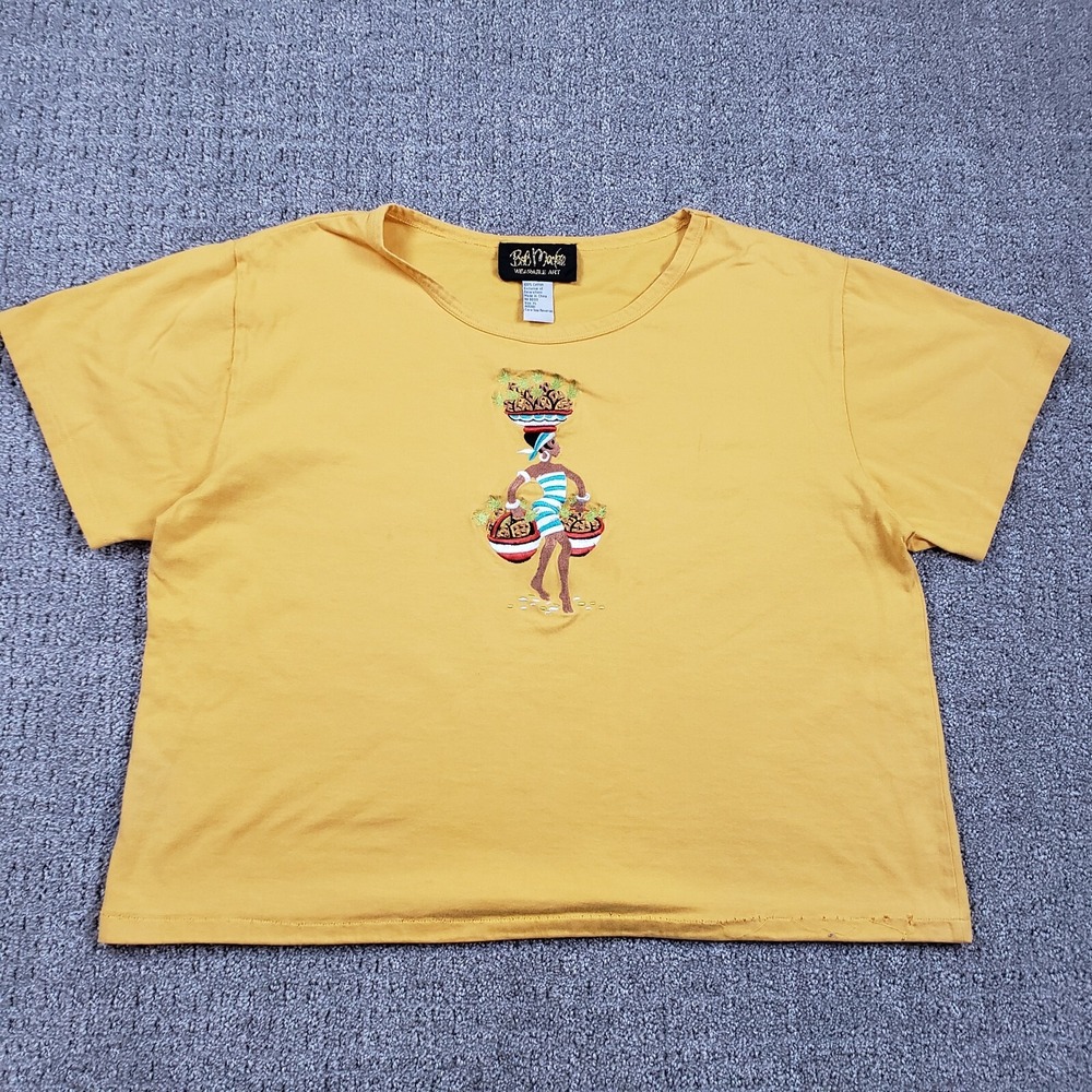 BOB MACKIE Wearable Art T-Shirt Womens XL Yellow Embroidered Pineapple Lady Boxy